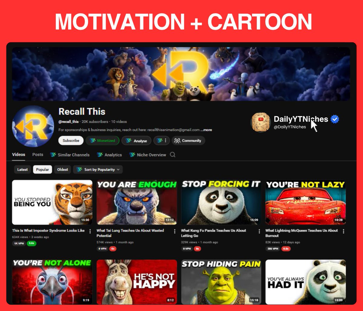 DailyYTNiches's tweet image. NICHE MIXED

Motivation + Cartoon can make you earn thousands of $$$ in just a month

~ 19.9k subscribes
~ 1,819,742 total views gained
~ $1k or MORE  in the 30 days alone (assuming a $ RPM)

Storytelling comparing animated character lessons vs present-day struggles with