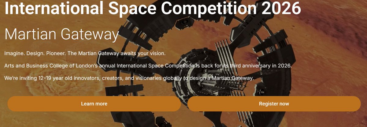 ISECdotORG's tweet photo. Our partners @BIS_spaceflight support the 2026 Int Space Comp inviting young people (12–19) to design a “Martian Gateway”.  
Enter free worldwide by 31-May-26, major prizes.   
Full details : https://t.co/zpabbPVTib
Could your idea include a Mars #SpaceElevator ? You decide !! https://t.co/wf7MuAX1H4