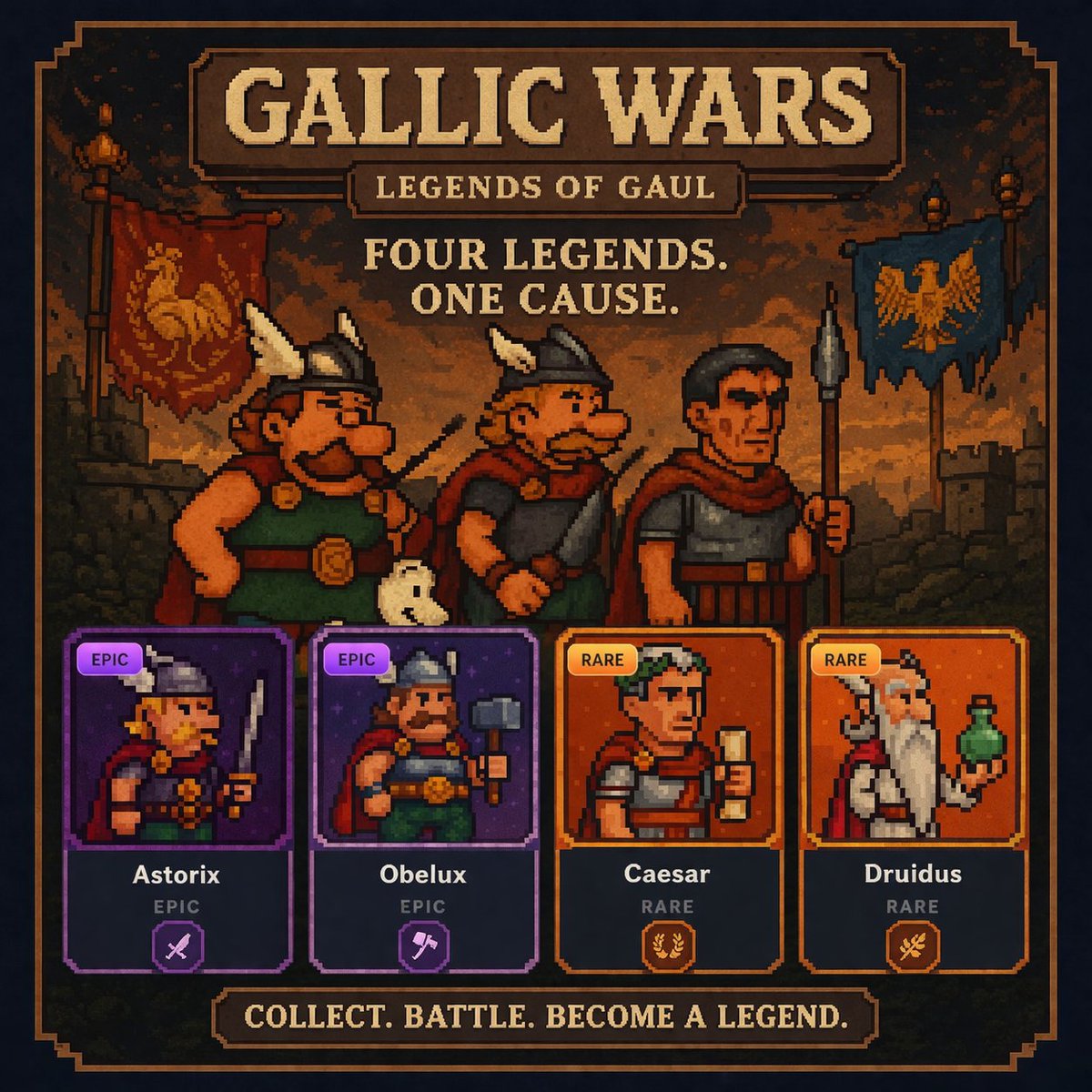 pixelawall's tweet photo. The Gallic Wars collection is officially LIVE! ⚔️🐗

​The classic battle of Gaul vs. Rome comes to life in pixel art. Assemble your Legends today!

​🔗 Secure your Legion: https://t.co/KgtCGENw36

​#Pixelawall #NFT #Cardano $ADA https://t.co/BdjoMdFiN2
