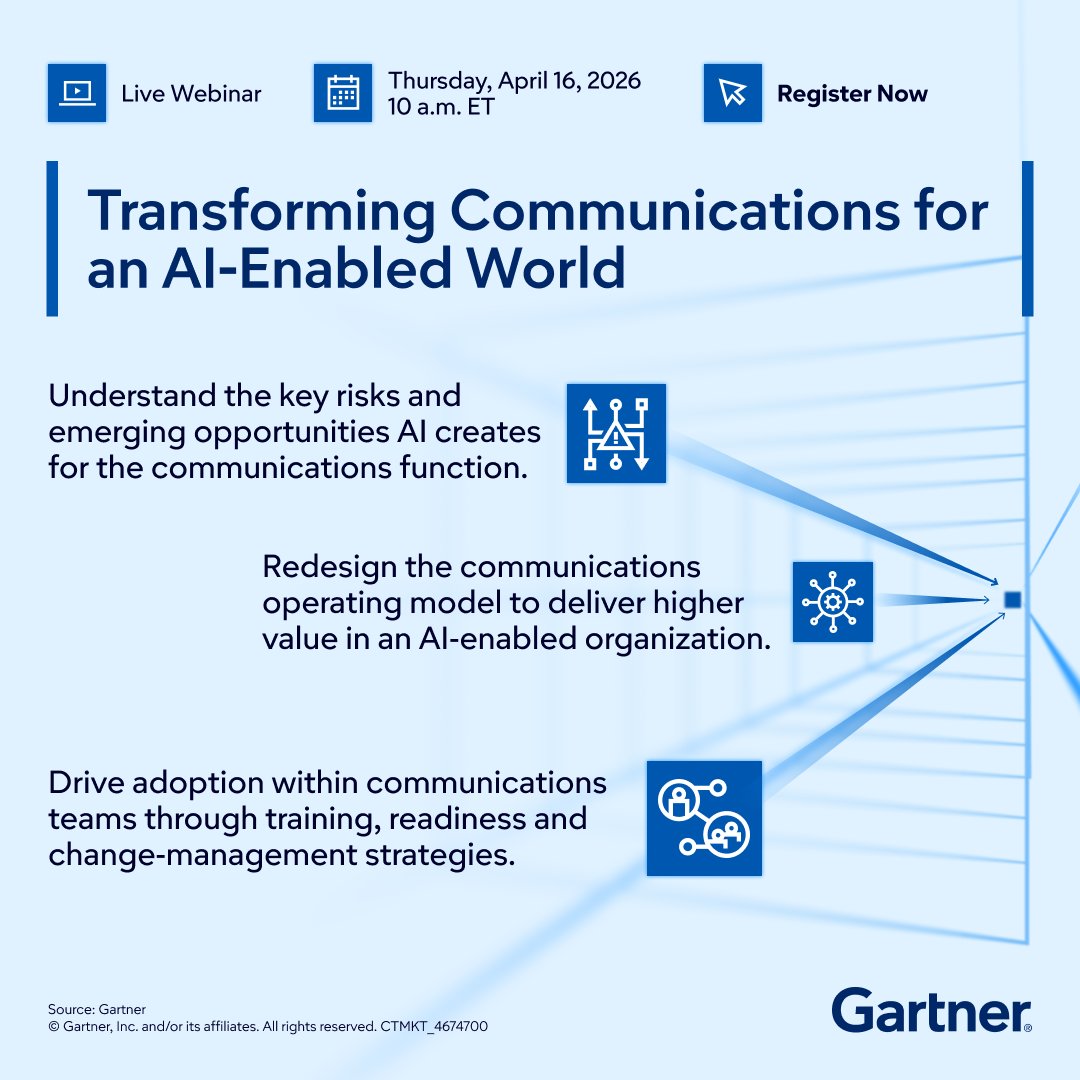 Gartner_inc's tweet image. AI is speeding up content creation and transforming audience engagement—but it brings new challenges for comms leaders: gtnr.it/40WV6J5

Join our webinar to discover how to implement AI responsibly and scale success.

#GartnerComms #Communications #AI #Strategy