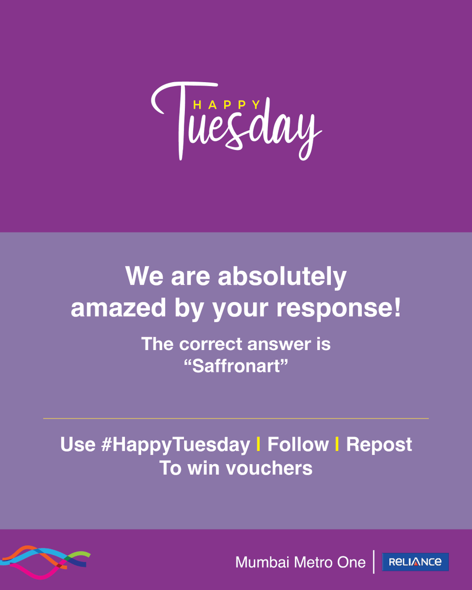 MumbaiMetro01's tweet image. A huge thank you to all for participating. 

Prizes will be awarded to 50 winners, first 25 correct entries and additional 25 winners by draw.

Mention #HappyTuesday with your answer, follow us and repost to participate and win every Tuesday.

#Contestalert #winprizes