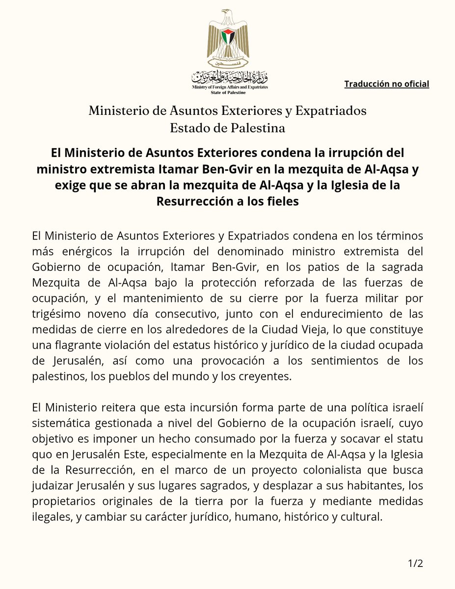 PalestineMX's tweet photo. El Ministerio de Asuntos Exteriores condena la irrupción del ministro extremista Itamar Ben-Gvir en la Mezquita de Al-Aqsa y exige que se abran la Mezquita de Al-Aqsa y la Iglesia de la Resurrección a los fieles https://t.co/CXm3FpEZj0