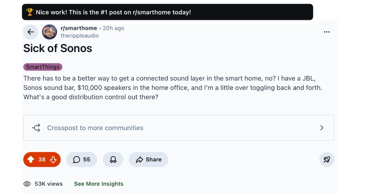 therippleaudio's tweet image. 55,000 views and counting on this topic. Join our conversation here if you're tired of poor sound -&amp;gt; reddit.com/r/smarthome/co…

#homeaudio #audioengineer #spatialAI