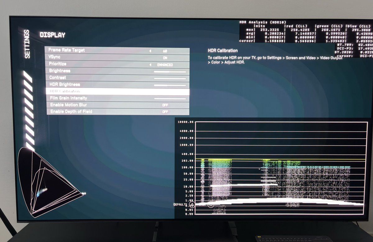 HDRgameAnalysis's tweet image. No HDR support in Starfield on PS5 (Pro), as I expected, unfortunately. 

Thats of course totally unacceptable 👎👎👎 

It says HDR in the in-game menus (picture 1), but these settings only adjust SDR. 

The game only output SDR, as you can see from picture 2. Its with HDR Always