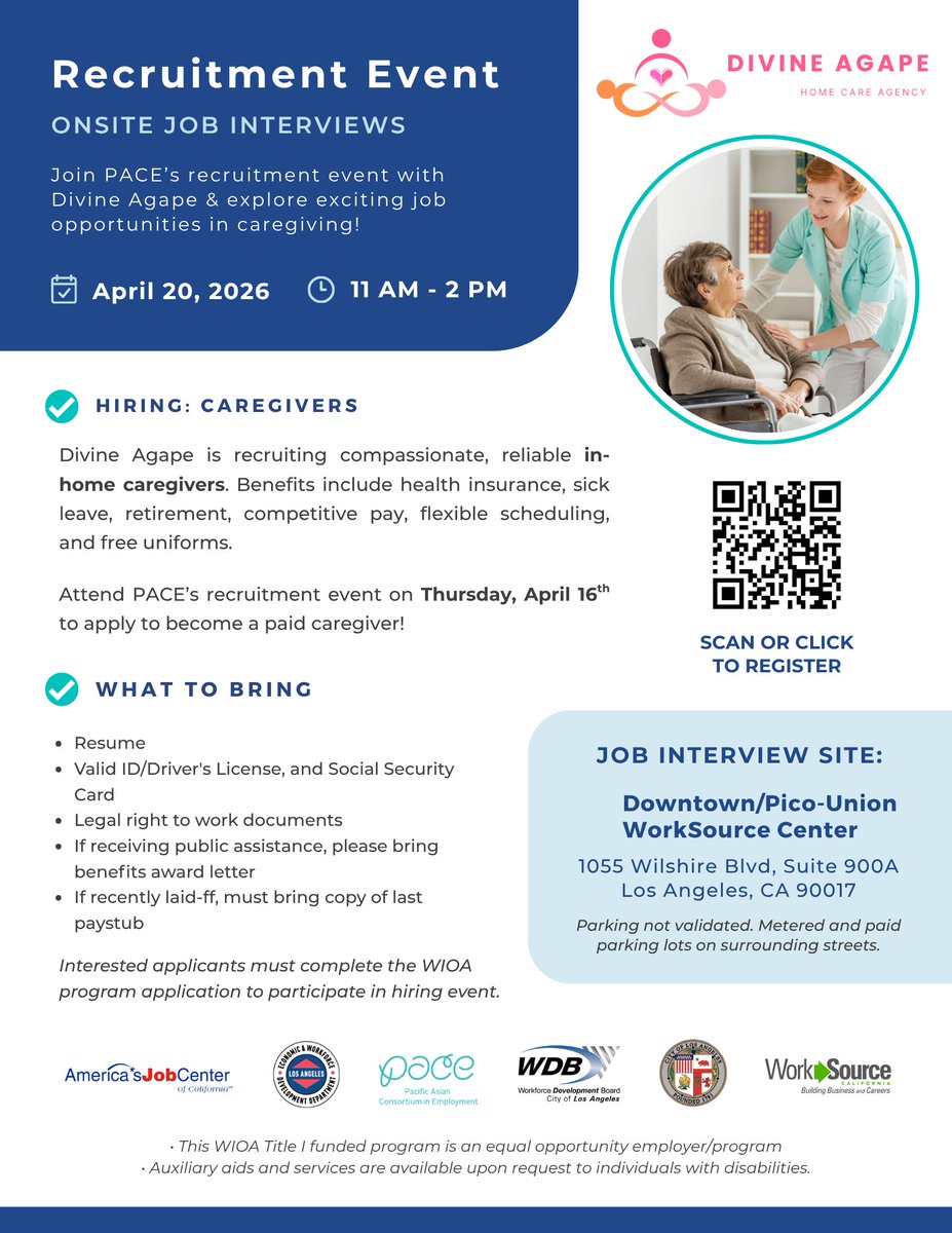 paceinla's tweet photo. 💙 Interested in a career in caregiving?

Join us on April 20th for a recruitment event where you can apply to become a paid caregiver.

Enjoy benefits like health insurance, flexible scheduling, competitive pay, and more!

Register here: https://t.co/8IQDbOY7Hr https://t.co/6lv9yPXed6