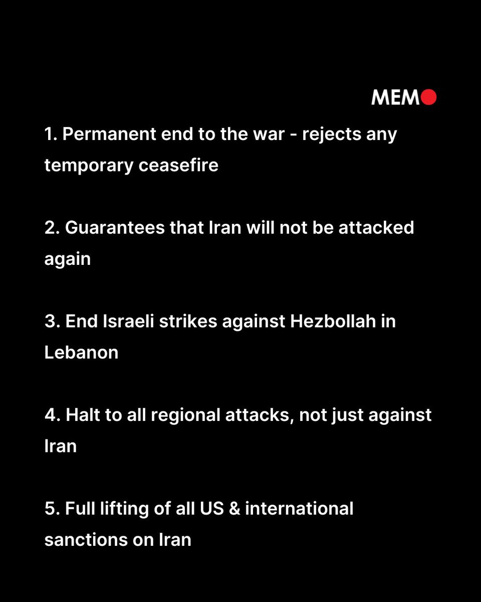 MiddleEastMnt's tweet photo. Iran communicated a 10-point counter-proposal via the Pakistani mediator, stating that it will only agree to an end to the war with the United States and Israel if provided with assurances that it will not be attacked again, according to Iran’s state news agency IRNA on April 6.

Here is what the proposal contains.