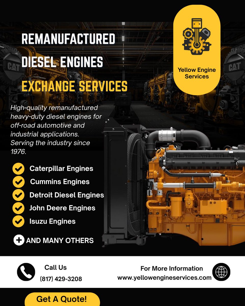 YellowEngine1's tweet photo. Trade your worn core for a premium remanufactured engine. Faster install, lower cost, ready to run!💯
#YES #EngineParts #IndustrialSafety https://t.co/iqq65g9IXw