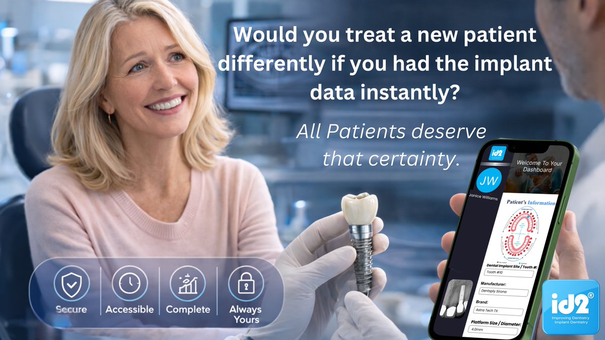 id2Dental's tweet image. Faster, accurate decisions start with instant implant data. → Explore how your practice can eliminate guesswork and delays today.

id2dental.com

#dentalimplants #continuityofcare #id2 #portal #dentist #dentistry #dentaltechnology #standardofcare