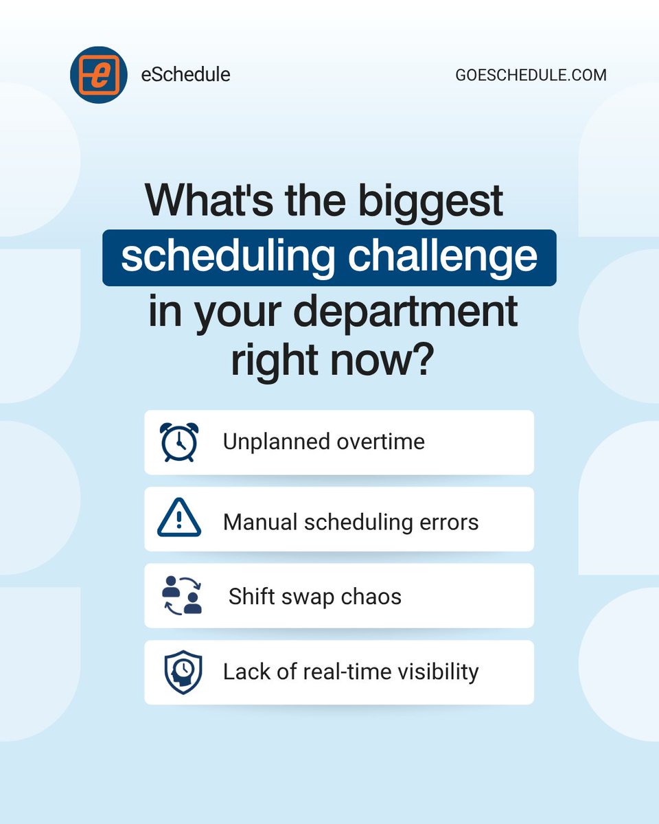 Overtime is the symptom—but what’s the real problem behind your schedule?

Vote and tell us what’s breaking your system 👇
 
#eSchedule #PoliceScheduling #LawEnforcement #PublicSafety #OvertimeManagement #ShiftScheduling #PoliceLife #FirstResponders