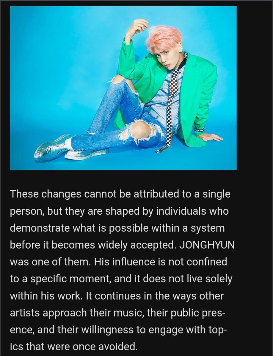 'Before It Was Allowed: How JONGHYUN Changed the Rules of K-pop'

📰 via Genius Korea (<a href="/Genius_kor/">Genius Korea</a>)

"His influence is not confined to a specific moment, and it does not live solely within his work. It continues in the ways other artists approach their music, their public