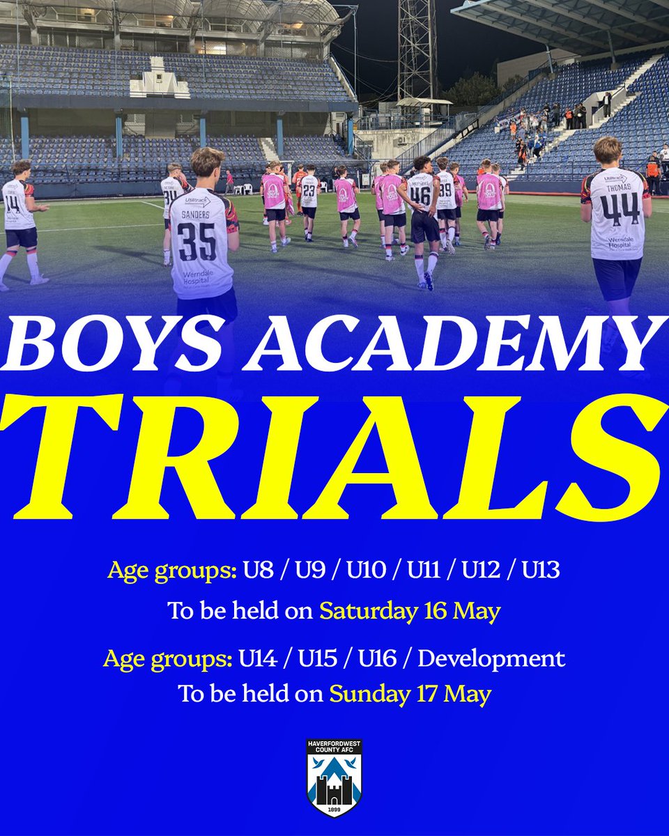 HaverfordwestFC's tweet photo. We are pleased to confirm details of our Boys Academy trials for the 2026-27 season, which will be held at the Ogi Bridge Meadow 🚨ℹ️

The timings for the respective trials are contained within the sign-up form below ⏱️👇

Sign up 👉 https://t.co/mfiuA99grp https://t.co/FX6O7zRE5n