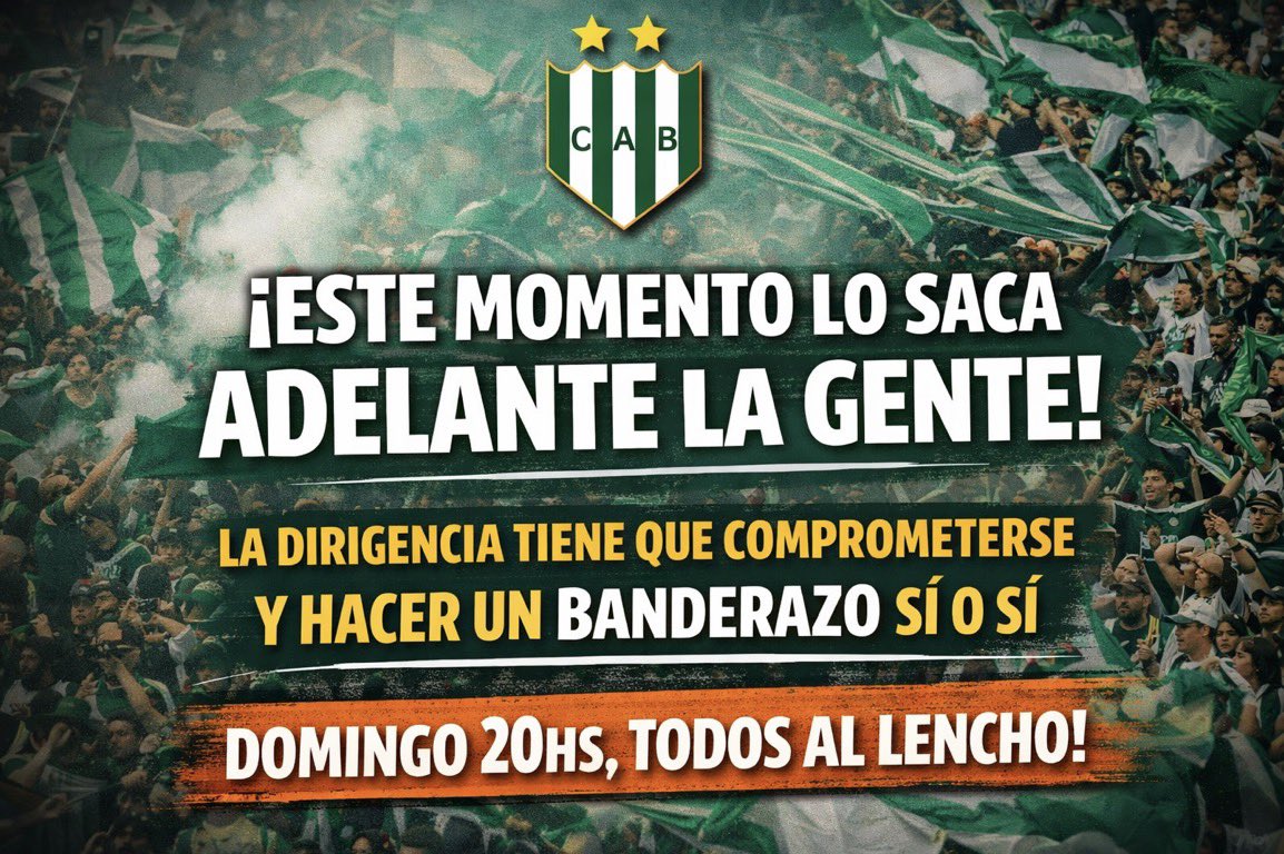 El domingo abran las puertas del Lencho para que hagamos el banderazo que corresponde. Somos los más grandes del sur y la gente lo quiere demostrar una vez más. 
Abran la cancha y hagamos el BANDERAZO!!!! 
Este mal momento lo levanta la gloriosa gente. 

#banfield @cab_oficial