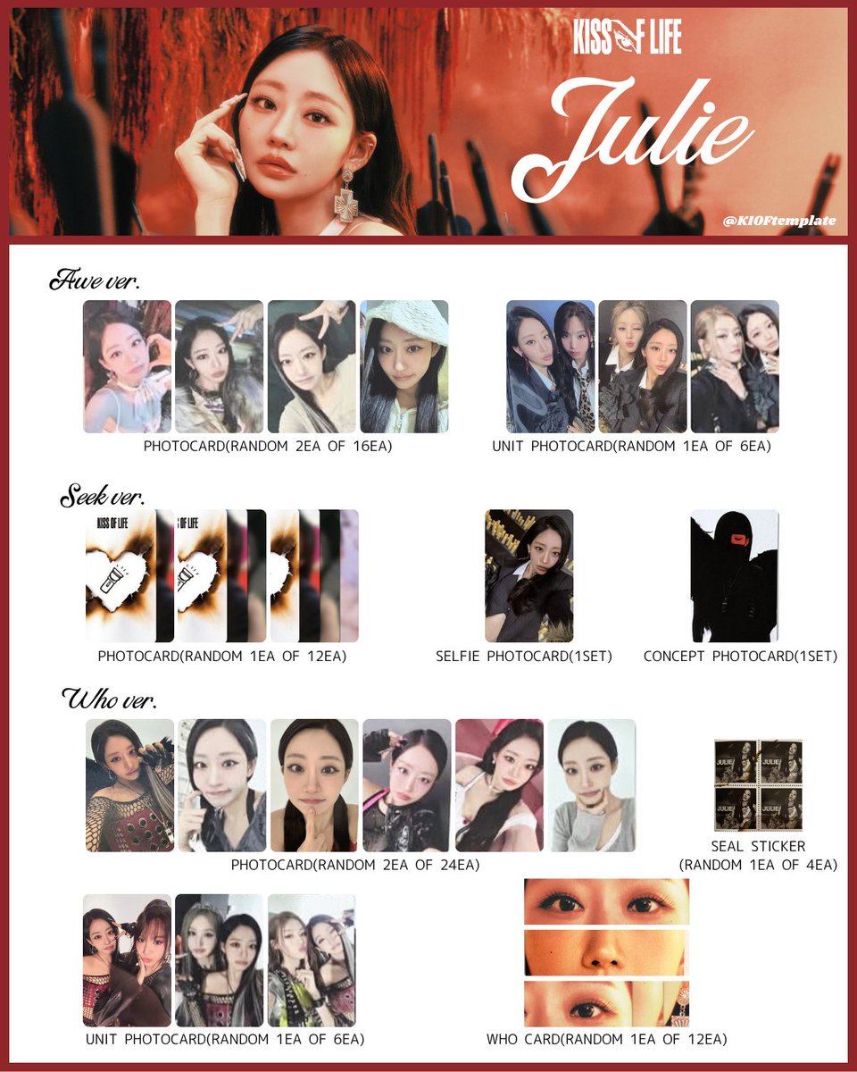 KIOFtemplate's tweet image. KISS OF LIFE 2nd Single Album [Who is she] 
&amp;gt;ALBUM RANDOM INCLUSIONS (MEMBER)

KISSOFLIFE キオプ templates template pc 키스오브라이프 키오프 포카 JULIE NATTY BELLE HANEUL トレカ 一覧 KIOF
#KISSOFLIFE #키스오브라이프
#KIOFtemplate #Who_is_she