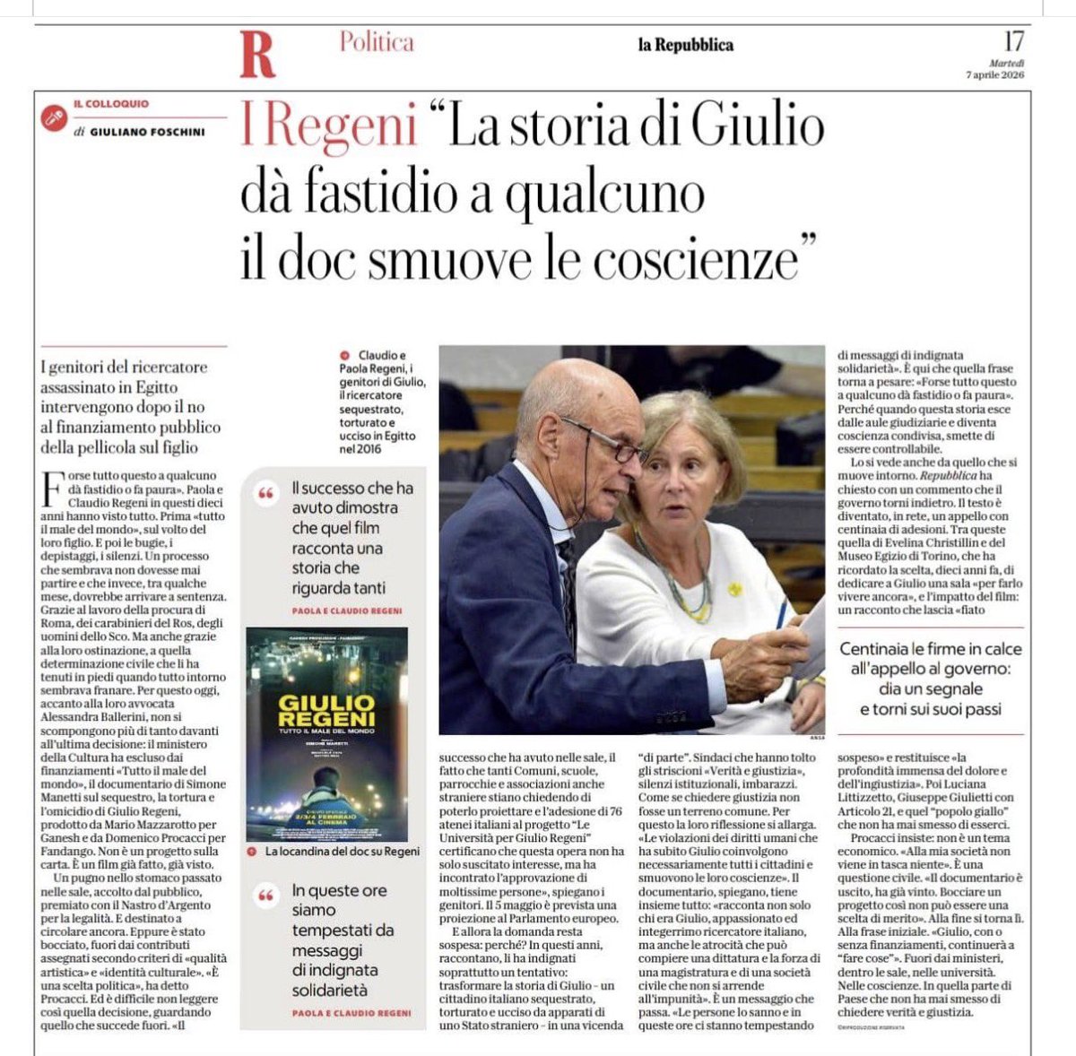 GiulioSiamoNoi's tweet photo. I genitori del ricercatore assassinato in Egitto intervengono dopo il no al finanziamento pubblico della pellicola sul figlio: «Forse tutto questo a qualcuno dà fastidio o fa paura».
#Regeni https://t.co/1LHqTfAb22