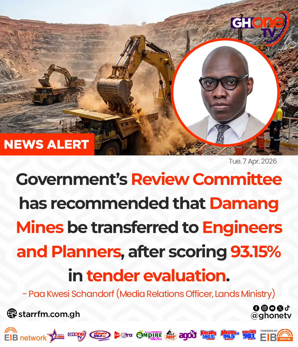 ghonetv's tweet photo. Government’s Review Committee has recommended that Damang Mines be transferred to Engineers and Planners, after scoring 93.15% in tender evaluation... - Paa Kwesi Schandorf (Media Relations Officer, Lands Ministry) 

#GHOneNews #EIBNetwork 
#GHOneTV #NewsAlert https://t.co/iwhYh7LcIP