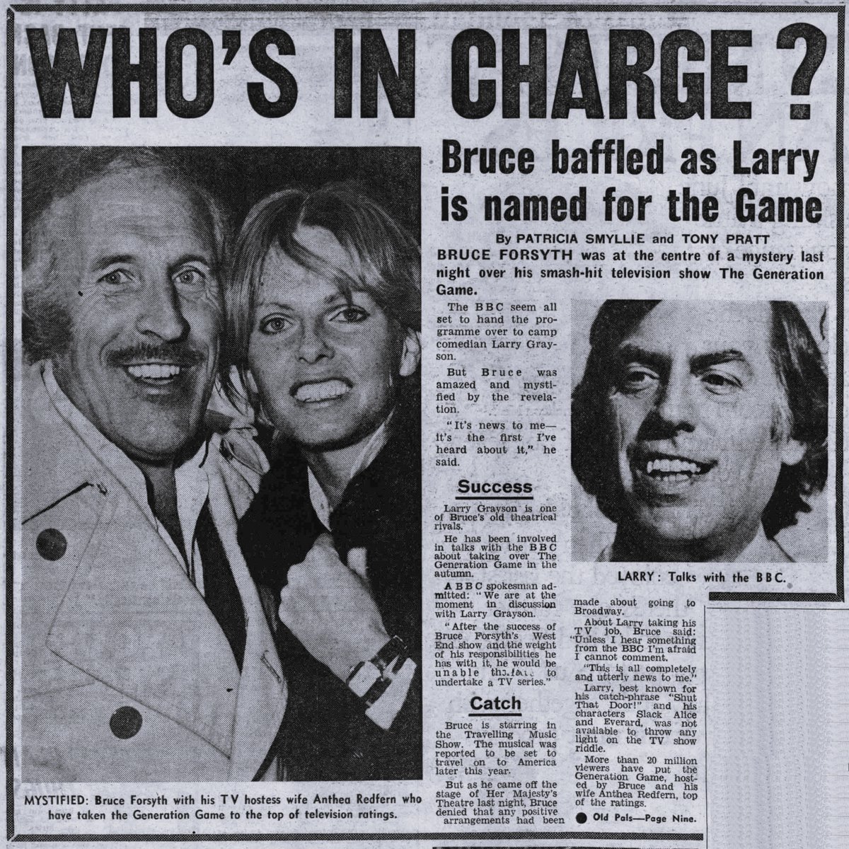 TvDidYouSee's tweet photo. #OnThisDay 25 April 1978 WHO'S IN CHARGE?
#BruceForsyth was at the centre of a mystery last night over his smash-hit television show The Generation Game. The BBC seem all set to hand over the programme to camp comedian #LarryGrayson. But Bruce was amazed and mystified . . . https://t.co/338F8Cytyh