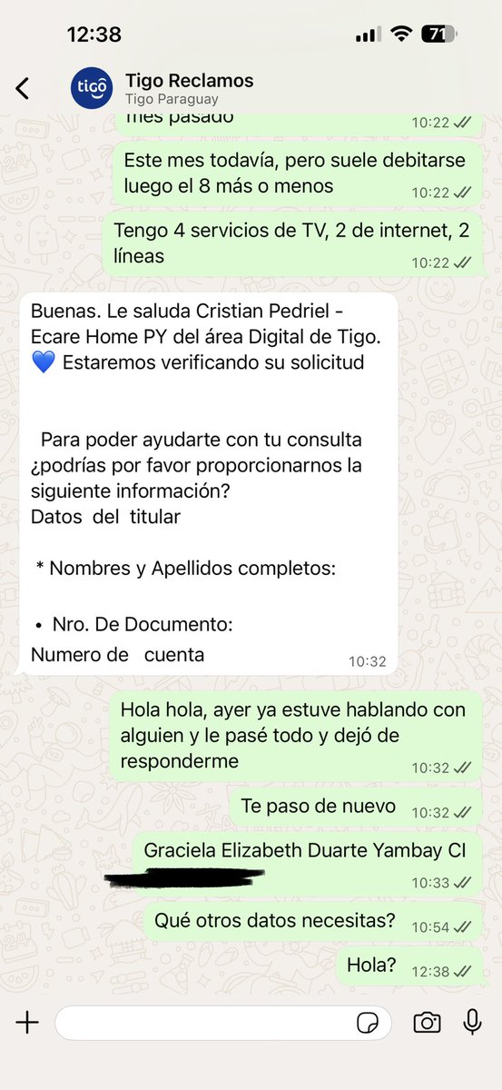 CocoDuarteY's tweet photo. Continúa la novela y sigo sin tener respuesta @TigoParaguay @TigoSportsPY @sedecopy volvieron a pedirme los datos y no respondieron más. Ayuda por fa @EduAguilera_ https://t.co/99hmXbT5yl