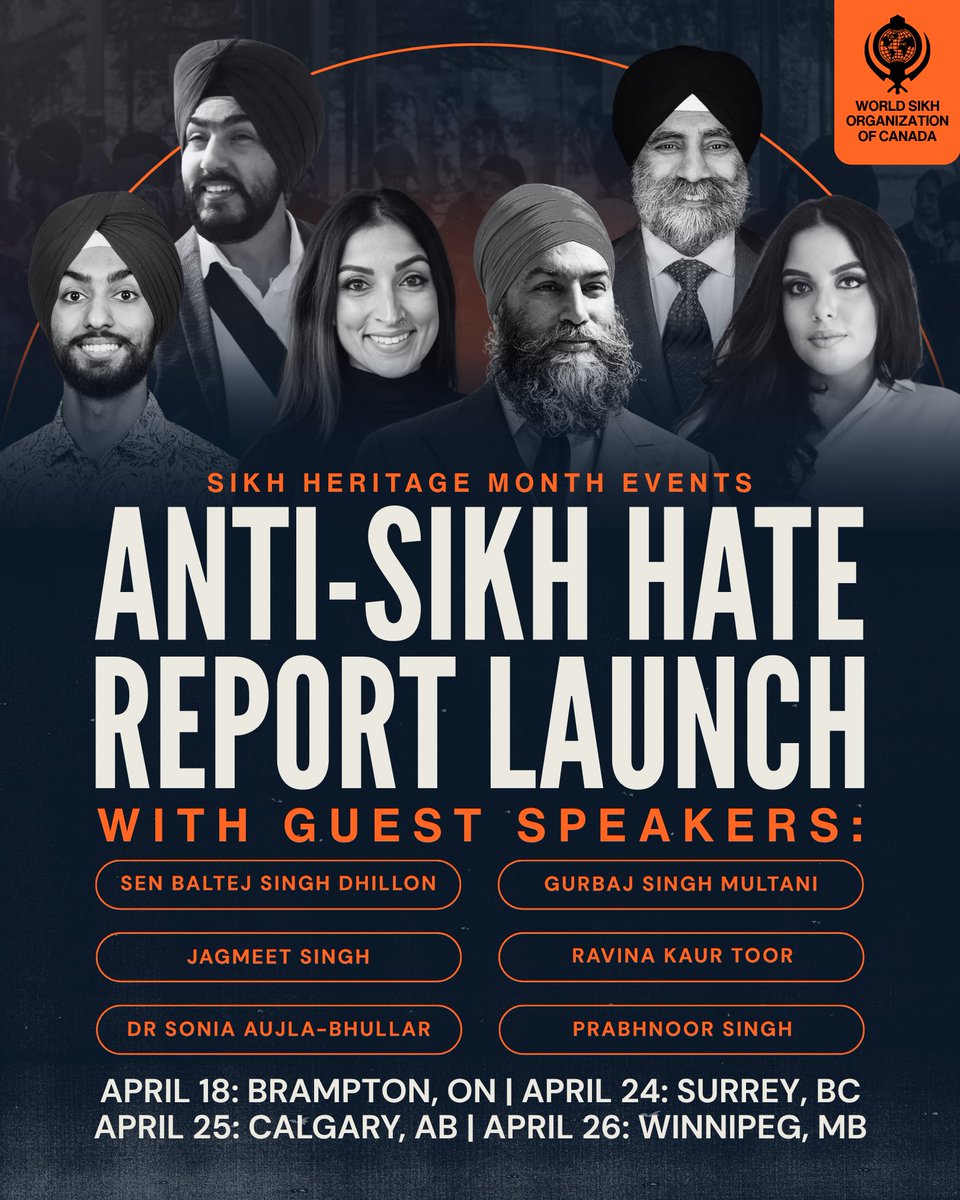 WorldSikhOrg's tweet image. This Sikh Heritage Month, join us for the launch of our Anti-Sikh Hate Report — a critical conversation on the realities our community faces and the path forward.

Featuring powerful voices and guest speakers from across the country: Senator @BaltejSDhillon, Gurbaj Singh Multani,