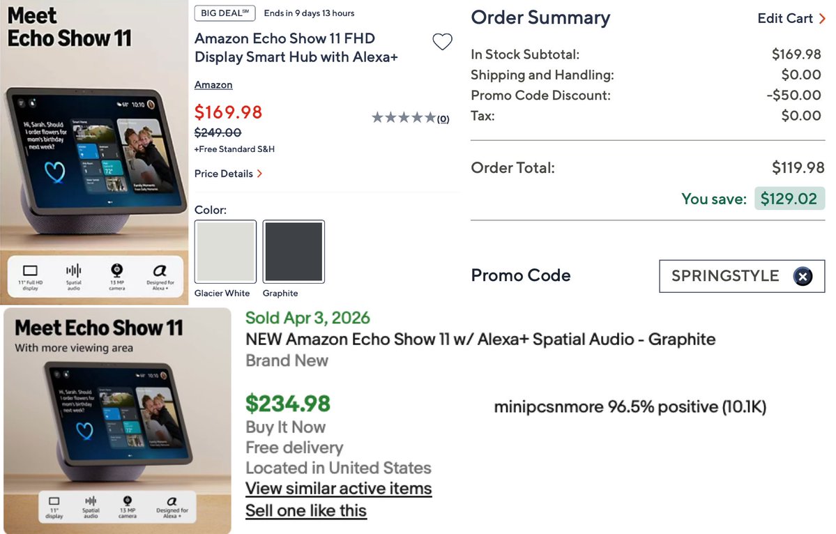 glitchaddicts's tweet image. AMAZON ECHO SHOW 11 NOW $130 OFF

Ringing up for $119 at QVC when you use code 'SPRINGSTYLE' (new accounts only) 

Recent sales on eBay for $230+, free shipping included

mavely.app.link/h6j2QZWa91b #ad