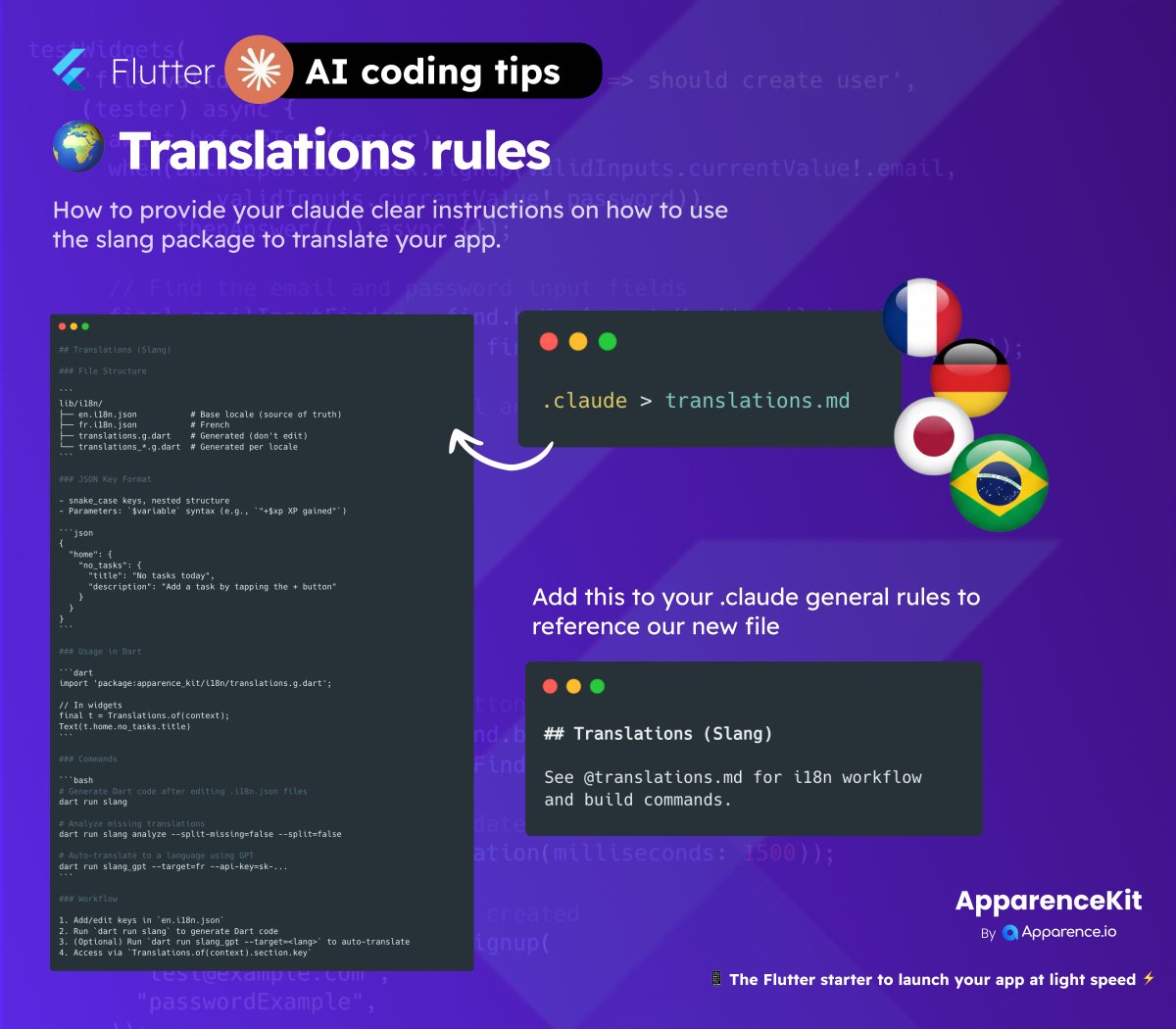 mcflyDev's tweet photo. 🧐 Flutter AI coding tips

How to provide your Claude clear instructions on how to use the slang package to translate your app.

- create this translations md file
- reference it from your .claude file

#flutterdev #fluttertips #flutteraitips https://t.co/7sRYA2V3tS
