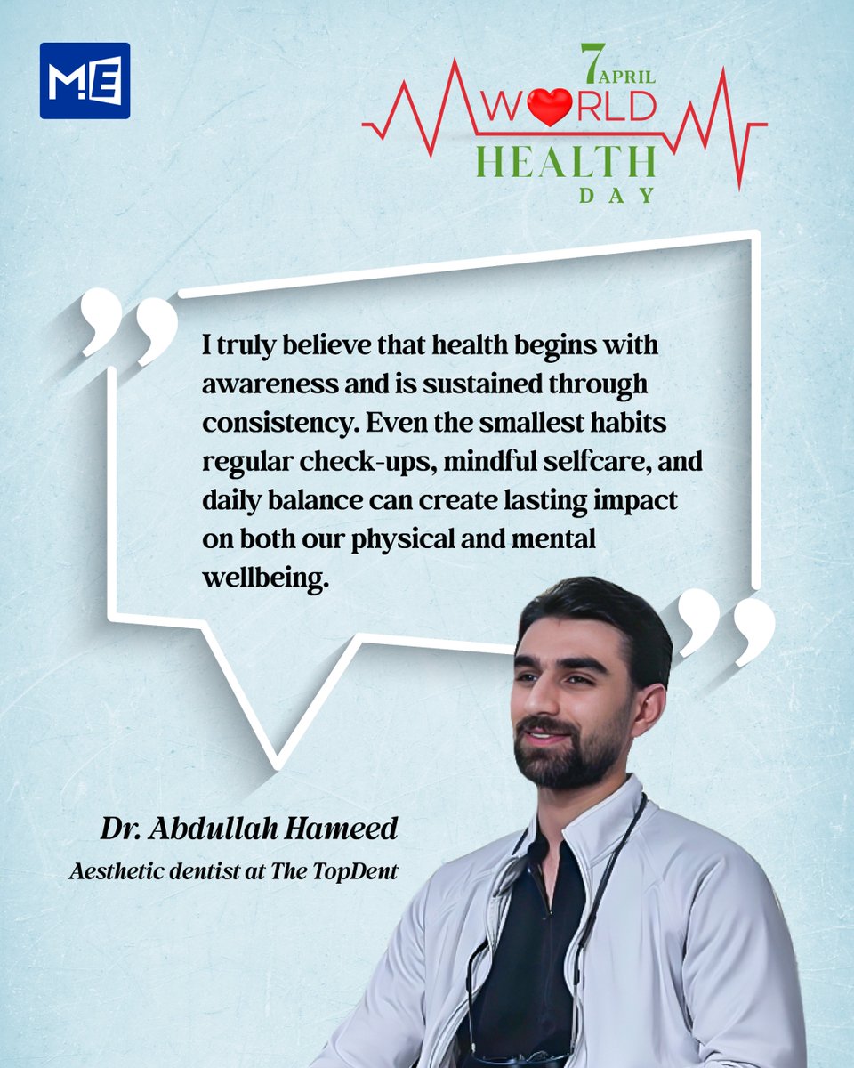 MedEdgeMEA's tweet image. 🌍 World Health Day 2026 
Dr. Abdullah Hameed — Aesthetic Dentist, The TopDent. Featured in Health for All.

#WorldHealthDay #GlobalHealth #HolisticHealth #HealthAwareness #HealthForAll #MededgeMEA