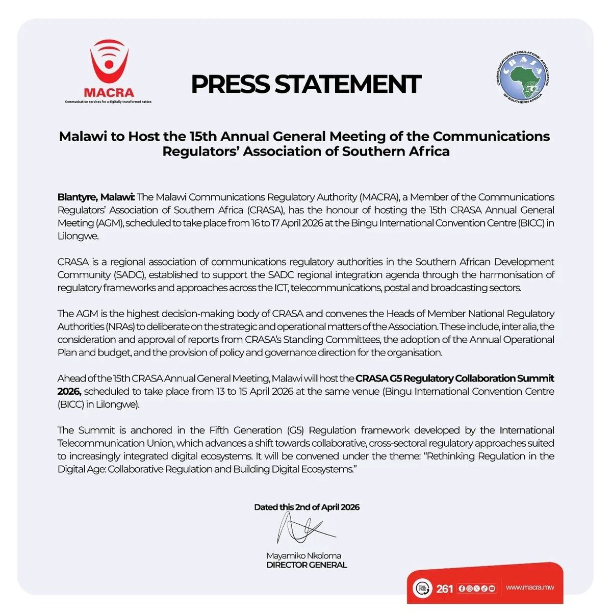 MACRAMALAWI's tweet photo. Malawi will host the 15th CRASA AGM (April 16-17th, 2026) and the CRASA G5 Regulatory Collaboration Summit (April 13 - 15th, 2026) at BICC, Lilongwe, focusing on rethinking digital-age regulation and advancing cross-sector collaboration under the G5 framework.

#MACRA 
#CRASA https://t.co/ulW2xQOUvo