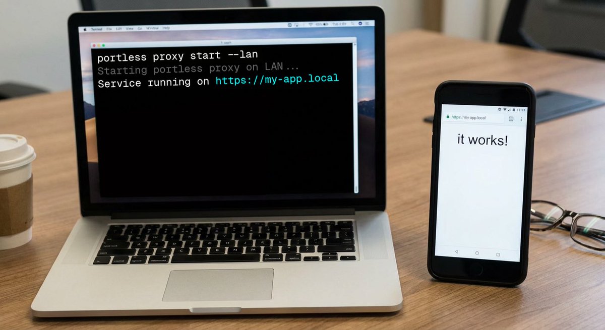 ctatedev's tweet image. Portless: new --lan for real device testing on your Wi‑Fi

mDNS `name.local` hostnames. Phone, tablet, TV on the same network can hit your dev apps.

Auto-detects your LAN IP and follows network changes

HTTPS SANs include *.local so TLS still works