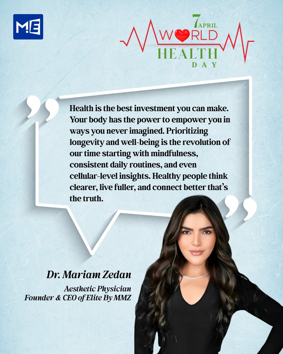 MedEdgeMEA's tweet image. 🌍 World Health Day 2026 
Dr. Mariam Zedan — Aesthetic Physician, Founder &amp;amp; CEO of Elite By MMZ, featured in Health for All.

#WorldHealthDay #GlobalHealth #HolisticHealth #HealthAwareness #HealthForAll #MededgeMEA
