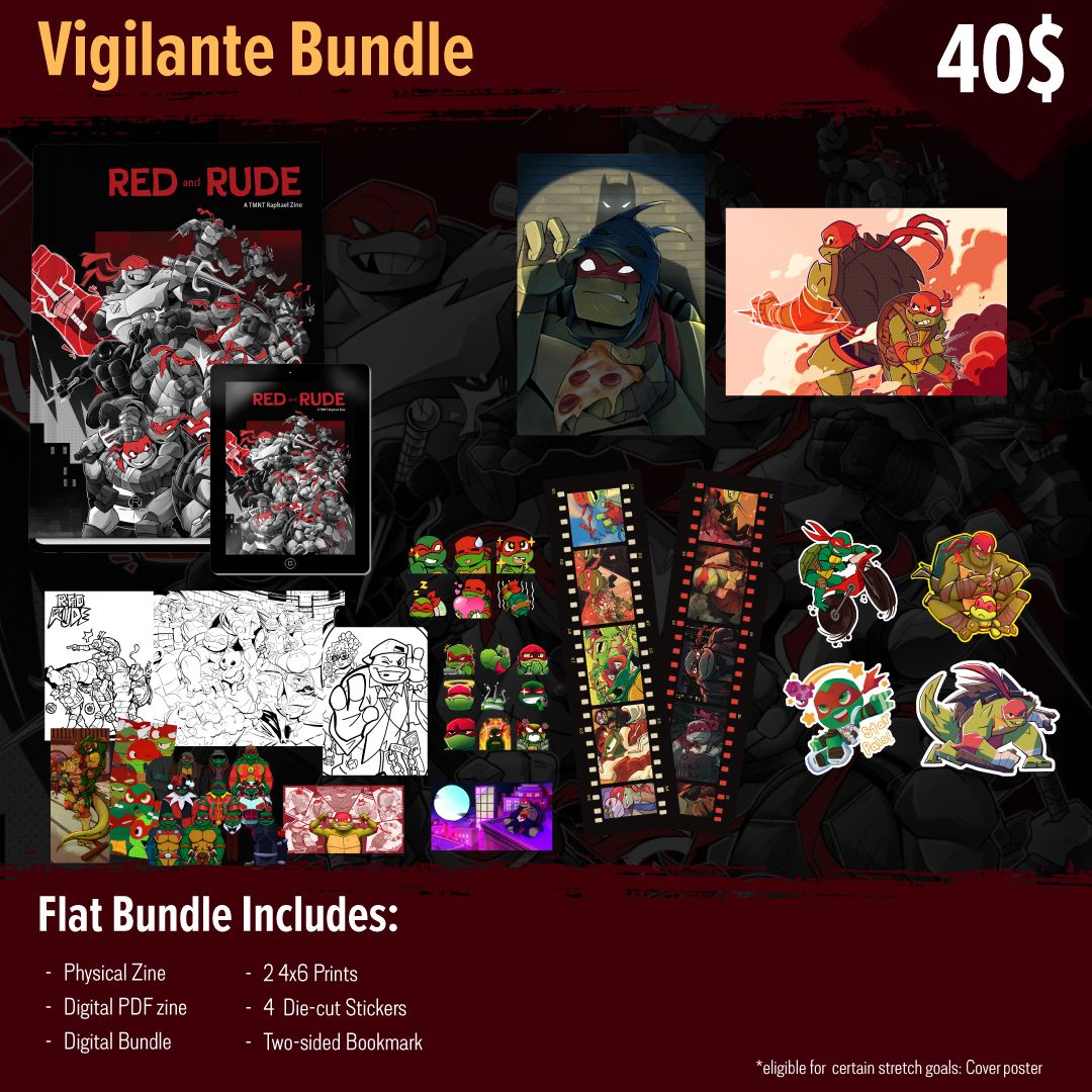 TMNTZines's tweet photo. VIGILANTE ($40) ❤️

This FLAT BUNDLE includes:

Physical Zine Book
4 Die-cut Stickers
2 Prints
1 Double Sided Bookmark
Digital Bundle (includes Zine PDF)

This bundle is eligible for the Cover Print &amp; Trading Card stretch goals. https://t.co/AvGl1oZo9F
