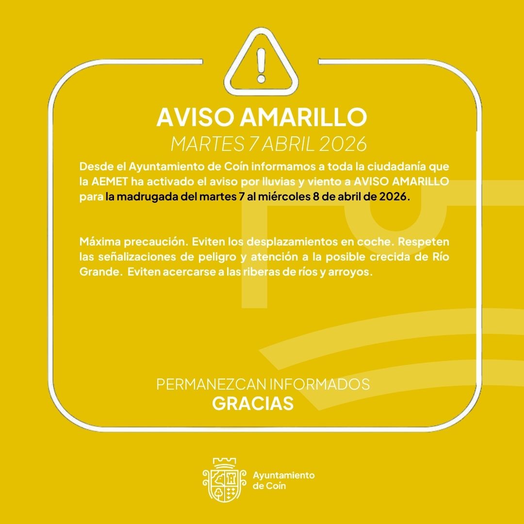 ⚠️🌧️ Os informamos de que se ha activado la alerta amarilla en nuestro municipio por previsión de lluvias y tormentas durante las próximas horas.

Desde el Ayuntamiento de Coín os pedimos que extreméis las precauciones .