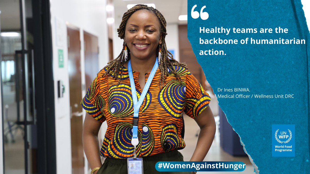 WFPDRC's tweet photo. On #WorldHealthDay, meet Dr. Ines BINWA, @WFP DRC’s Medical Officer. Supporting colleagues’ health and wellbeing with empathy, she helps create a safe work environment for all. Among #WomenAgainstHunger, she reminds us that healthy staff are essential to ending hunger worldwide. https://t.co/LCiOQn9Cge