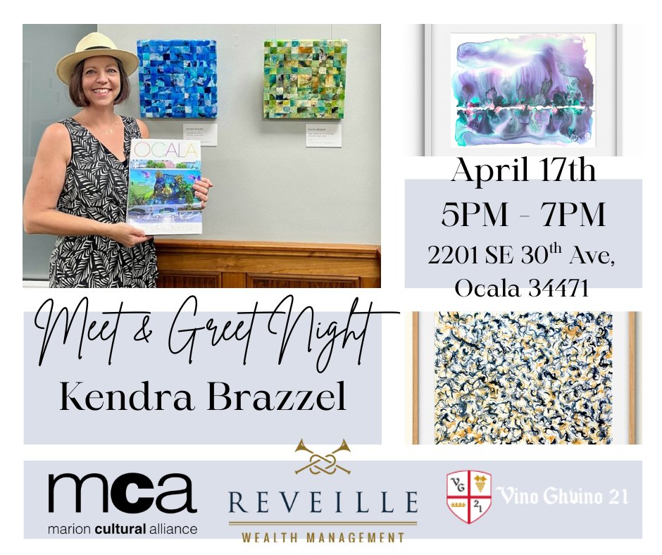 MCAocala's tweet photo. We’re excited to feature Kendra Brazzel in the upcoming Art in Business Meet &amp; Greet hosted by Reveille Wealth Management. On Friday, April 17, from 5-7 PM, come connect with the artist, browse and purchase original artwork, and enjoy bites and Wine tasting by Vino Ghvino 21. https://t.co/oUX6PmptYG