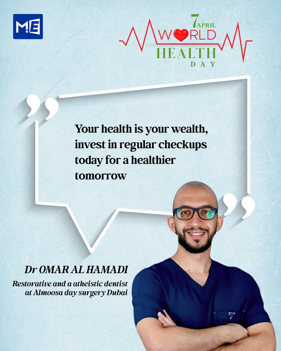 MedEdgeMEA's tweet image. 🌍 World Health Day 2026 💙
Dr. Omar Al Hamadi — Restorative &amp;amp; Aesthetic Dentist, @almoosasurgery Dubai, featured in Health for All.

#WorldHealthDay #GlobalHealth #HolisticHealth #HealthAwareness #HealthForAll #MededgeME