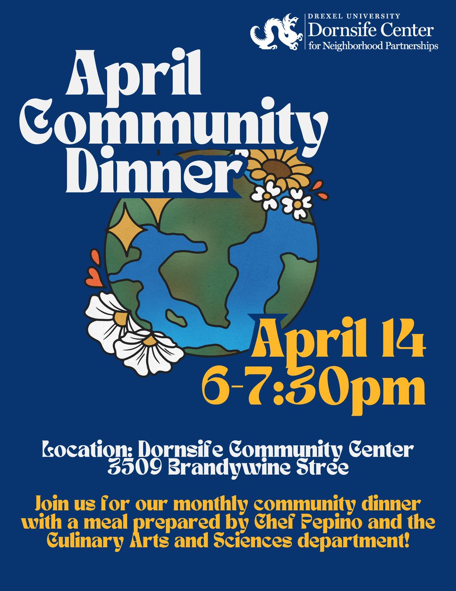 DornsifeCenter's tweet photo. April's Community Dinner will be held April 14th from 6:00 - 7:30pm. We look forward to seeing you. 

Address: 3509 Brandywine St. 

#DrexelUniversity #DornsifeCenter #CommunityDinner https://t.co/0XFLzTX0ee