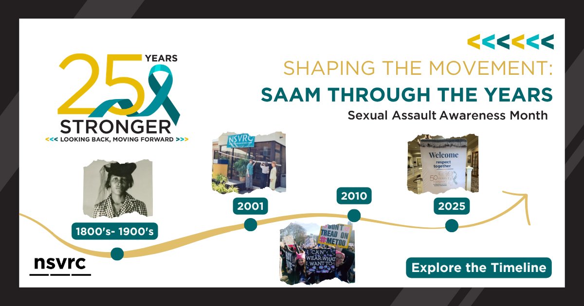 NSVRC's tweet photo. 25 years of Sexual Assault Awareness Month 🌱💙🤝🏽
Explore the timeline to see how SAAM has evolved and how the movement continues to lead change: https://t.co/chjYjZo3gU
#SAAM2026
#25YearsStronger
#LookingBackMovingForward
#SupportSurvivors
#PreventionIsPossible https://t.co/M2Y4Ssg5Fd