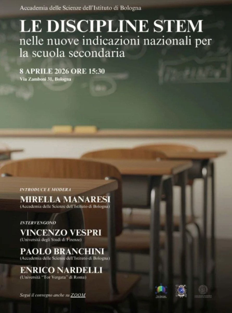 ProgrammaFuturo's tweet photo. #savethedate 
8 aprile 2026 17:30
Accademia delle Scienze dell’istituto di Bologna, Palazzo Poggi
via Zamboni 31, Bologna
Prof. Enrico Nardelli al Convegno 
Le Discipline STEM
Nelle nuove indicazioni nazionali per la scuola secondaria  
Info e LINK ZOOM: https://t.co/ShgVoHpem9 https://t.co/BpYUvyi4gp