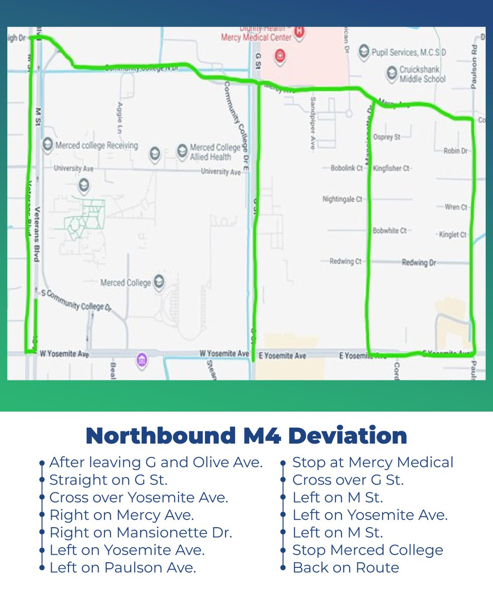 mercedthebus's tweet photo. 🚨 Route Deviation Alert 🚨

Route M4 is on a temporary detour due to road construction on Yosemite Ave &amp; G St.

Check posted detour maps and allow extra travel time. Thanks for your patience! 🚍

#ridethebus https://t.co/i2iulkSZMJ