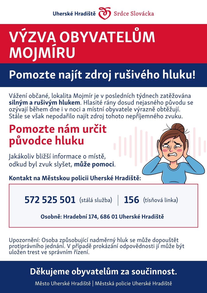 Kvasnicka_CT's tweet photo. Už je to detektivka, pátrá celé @UHradiste ! Město trápí nevysvětlitelné rány, ve dne i v noci. Pátrání zatím nevedlo k výsledku, strážníci hlavně na sídlišti Mojmír vyzvali lidi, aby jim v identifikaci obtěžujícího hluku pomohli. Rozuzlení této detektivky bude zajímavé. https://t.co/jNBsNaDB9T