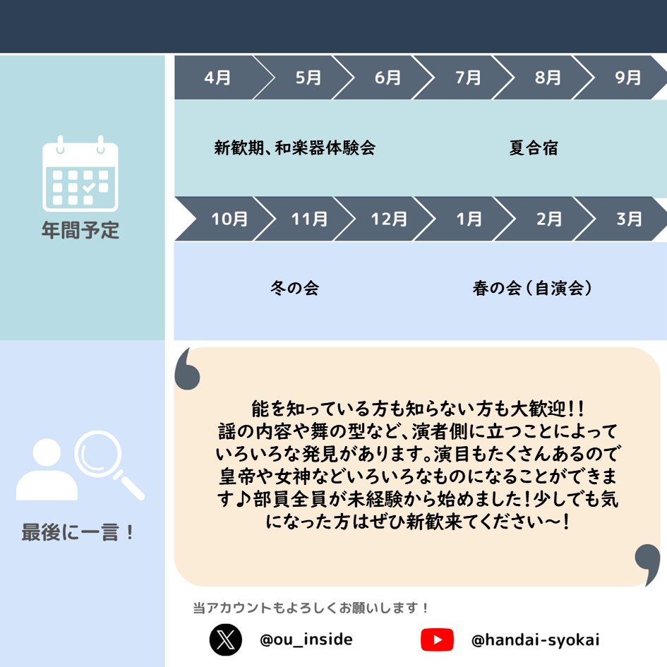 【大阪大学 団体紹介2026】No. 48
喜多流能楽研究会様

X : <a href="/handaikitakai21/">🌸大阪大学喜多流能楽研究会🌸</a>
Instagram : <a href="/handai/">andy</a>.kitakai21

2026年の団体紹介の募集期限は2026/4/30を予定！掲載希望の団体様はプロフィールのリンクからお願いします！
#大阪大学サークル
#大阪大学サークル紹介