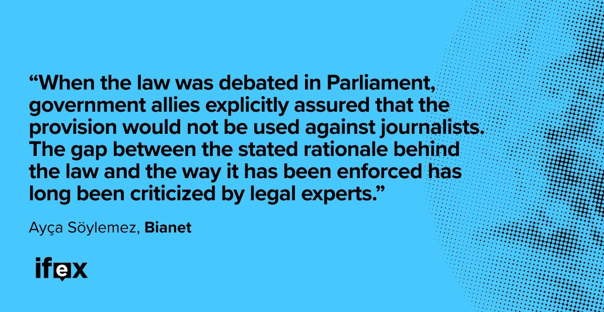 IFEX's tweet image. #Turkey 🇹🇷 @aycasoylemez writes about how Article 217/A of the Turkish Criminal Code has been used to target the work of journalists under the guise of combating disinformation. @ExInt24 

🔗 buff.ly/TctmxIO