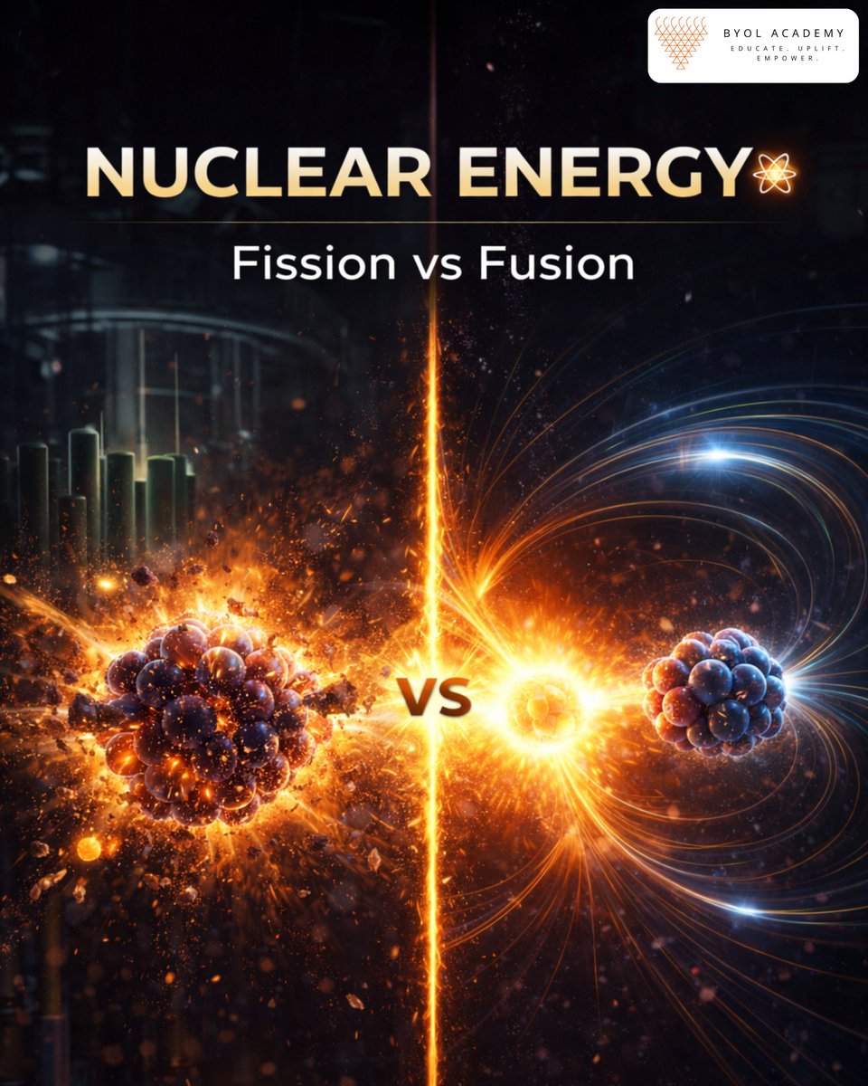 byolacademy's tweet photo. Nuclear energy is based on two key processes, fission and fusion. While fission powers today’s reactors, fusion holds the promise of clean and limitless energy for the future.
#UPSC #Science #NuclearEnergy #Fission #Fusion #UPSCPreparation #SSC #StudyNotes #Infographics #IAS #Prelims2026