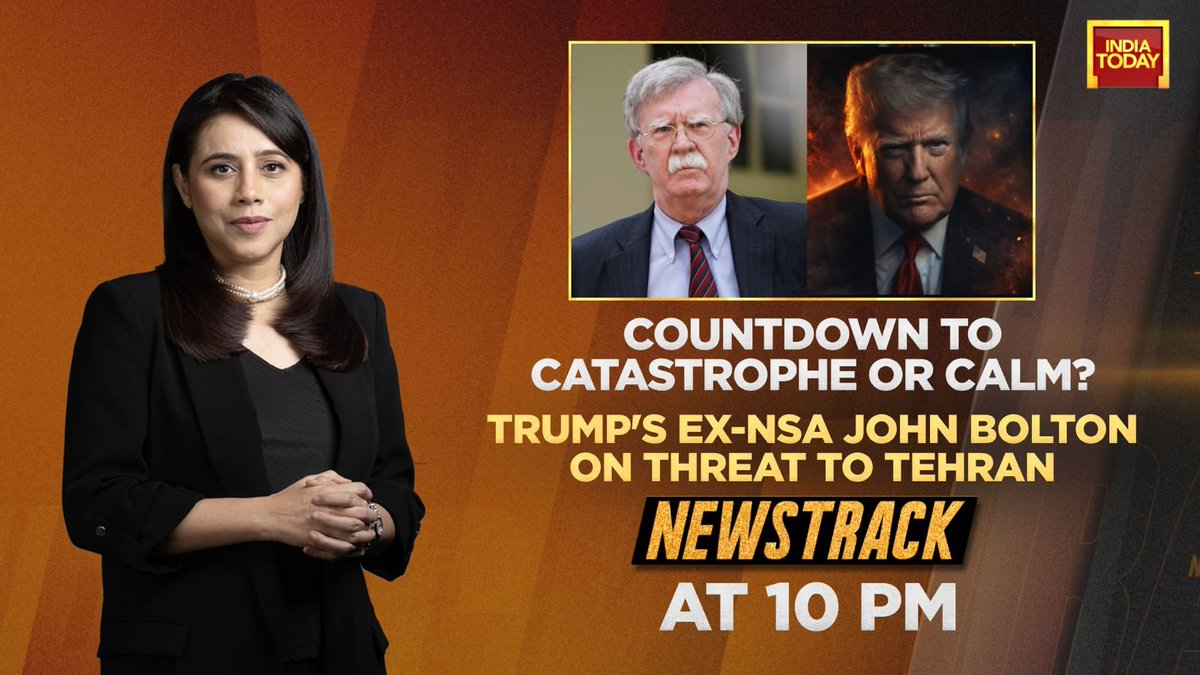 IndiaToday's tweet image. Countdown to catastrophe or calm?
Trump’s ex-NSA John Bolton on threat to Tehran

Top focus on #Newstrack at 10 PM, Tonight with @MaryaShakil 

#Promo