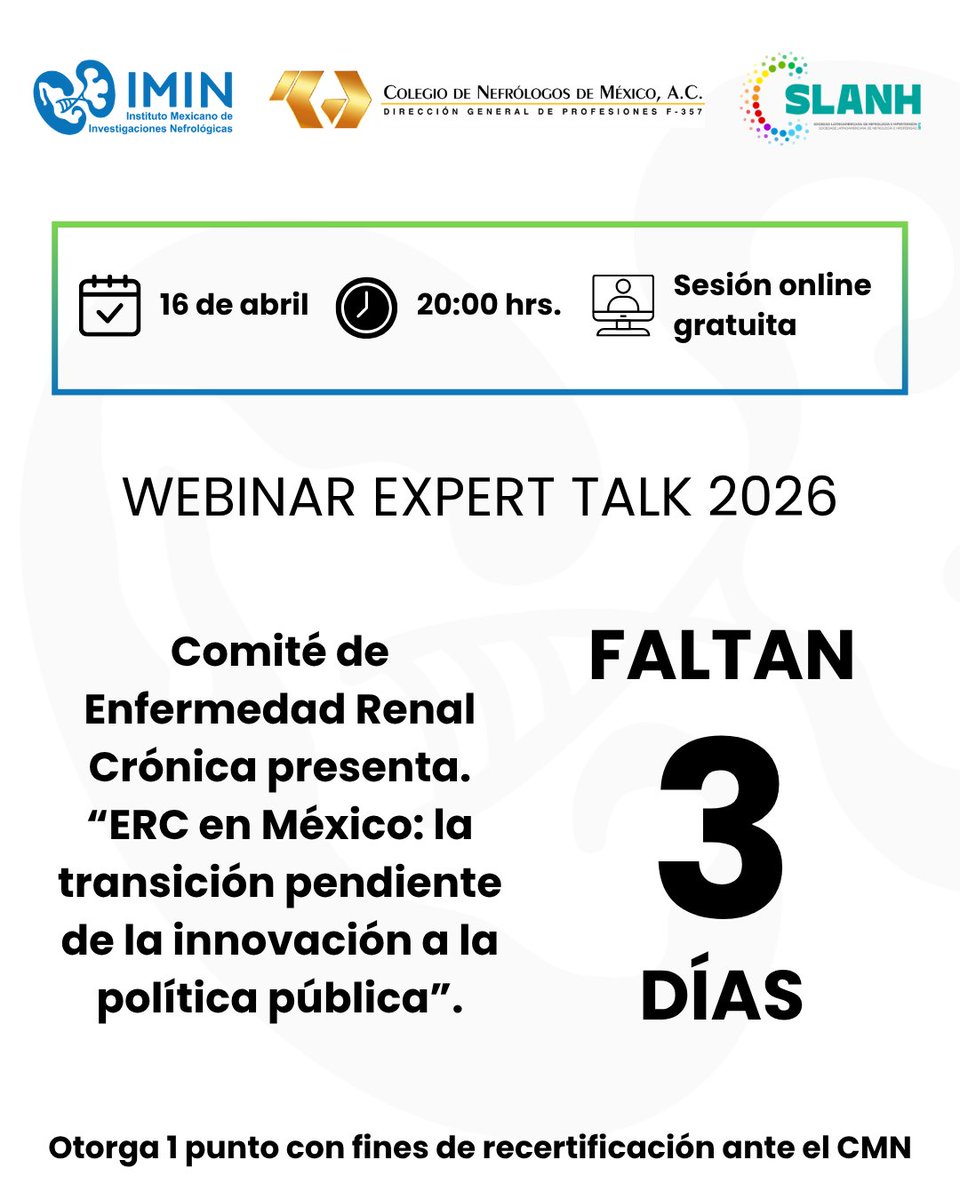 IMINmx's tweet image. ¡ESTAMOS A SOLO 3 DÍAS!

🩺 El Comité de Enfermedad Renal Crónica te invita a una nueva sesión académica con el tema, “ERC en México: la transición pendiente de la innovación a la política pública”.

live.app.imin.org.mx/es/live/expert…

#WebinarIMIN #IMIN #SomosIMIN #ExpertTalk2026