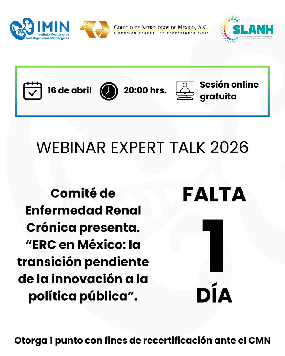 IMINmx's tweet image. ¡ESTAMOS A SOLO 1 DÍA!

No te pierdas esta sesión académica organizada por el Comité de Enfermedad Renal Crónica.

📅 Jueves 16 de abril.
⏰ 20:00 hrs.

live.app.imin.org.mx/es/live/expert…

#WebinarIMIN #IMIN #SomosIMIN #ExpertTalk2026