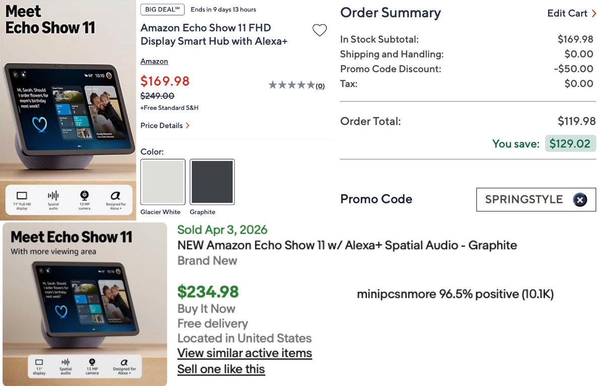 GlitchedDeals's tweet image. $130 OFF AMAZON ECHO SHOW 11 

Ringing up for $119 at QVC when you use code 'SPRINGSTYLE' (new accounts only) 

Recently sold on eBay for $230+ 

Free shipping included

mavely.app.link/h6j2QZWa91b #ad