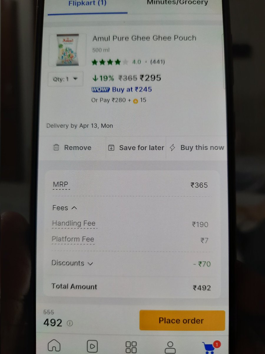 _India1st's tweet photo. @Flipkart @flipkartsupport 
How much handling charge is judicious for a product of Rs. 295, Not Rs. 190/= for sure.
Attaching pic for your dt 6th April26 evening. 
#Loot 
#ConsumerComplaint 
#onlinefraud https://t.co/tobppv9dzB