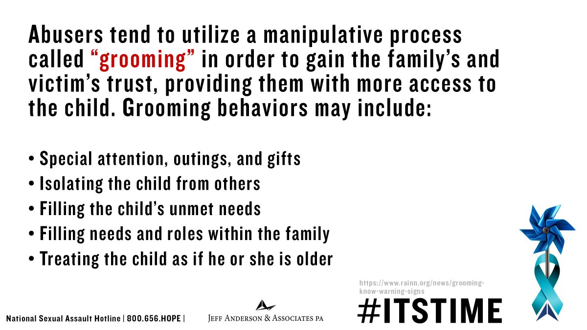AndersonCause's tweet image. #Grooming is a warning sign that something may not be right and a child could be in harm's way. Predators often groom their victims, and even the victim's families, to blur boundaries and gain trust. 

#ChildAbuseAwarenessMonth #ProtectChildren #EndChildAbuse