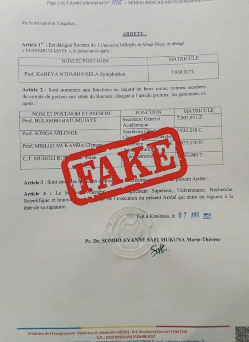 Francis78055729's tweet photo. Un faux arrêté ministériel circulant sur les réseaux sociaux annonçait le remplacement de l’abbé Apollinaire Tshibaka à la tête de l’Université Officielle de Mbuji-Mayi. https://t.co/u4oxRgkOaG https://t.co/ymrxsg68eP