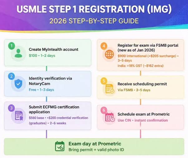 Zeeshan_Ghani24's tweet image. 2026 USMLE Step 1 Guide for IMGs:
1️⃣ Create MyInHealth
2️⃣ NotaryCam ID Verify
3️⃣ ECFMG Application
4️⃣ FSMB Registration
5️⃣ Get Scheduling Permit
6️⃣ Book via Prometric
Master the 2026 process! 
#USMLE #Step1 #IMG #MedTwitter #ECFMG
