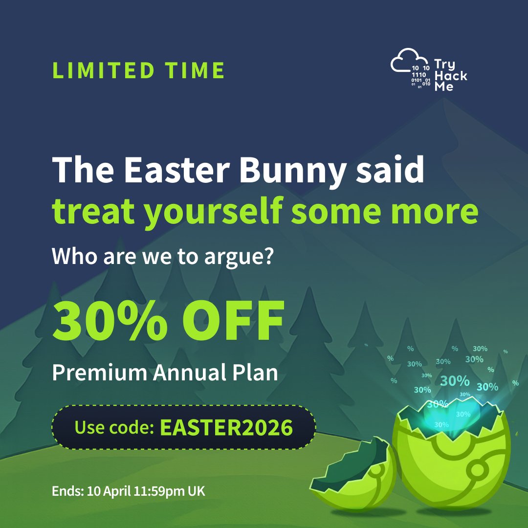 tryhackme's tweet image. Easter’s over…but the bunny clearly isn’t done🐰💳
He said “treat yourself some more” and honestly, who are we to argue? So you might as well get 30% off too. 

Use code: EASTER2026 🐰 🪺 
Don’t think. Just click ▶️ tryhackme.com/?utm_source=tw…